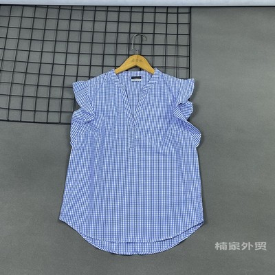 出K 实拍！复古蓝色千鸟格马甲背心衬衫女夏季气质小众飞飞袖上衣
