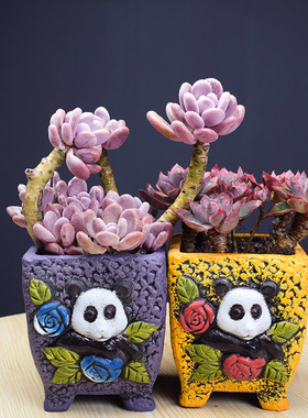 新款雕花彩绘可爱熊猫盆多肉花盆厂家直销清仓肉肉老桩白陶高盆