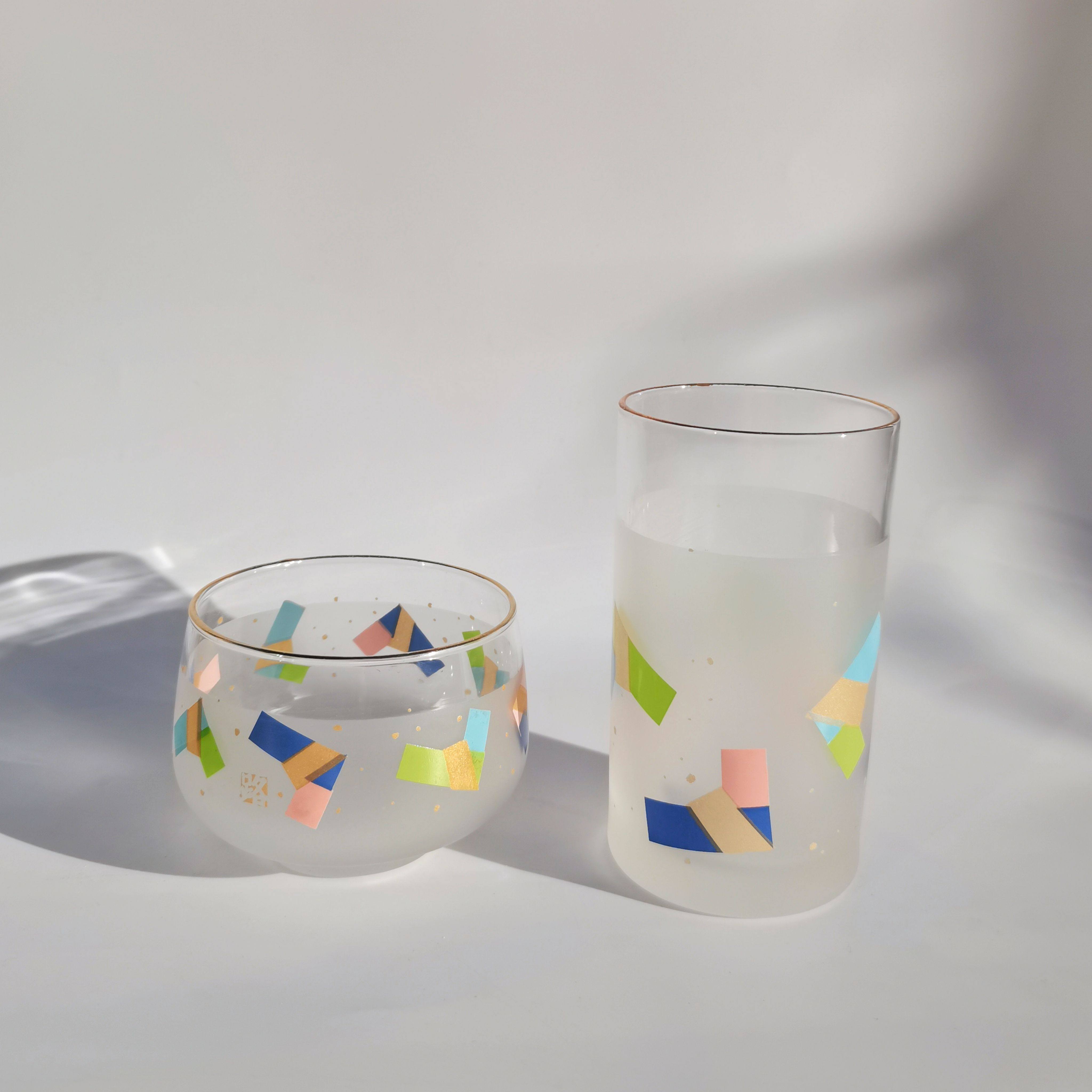 日本印花玻璃杯复古啤酒杯描金果汁杯中古品冷茶杯无铅玻璃杯