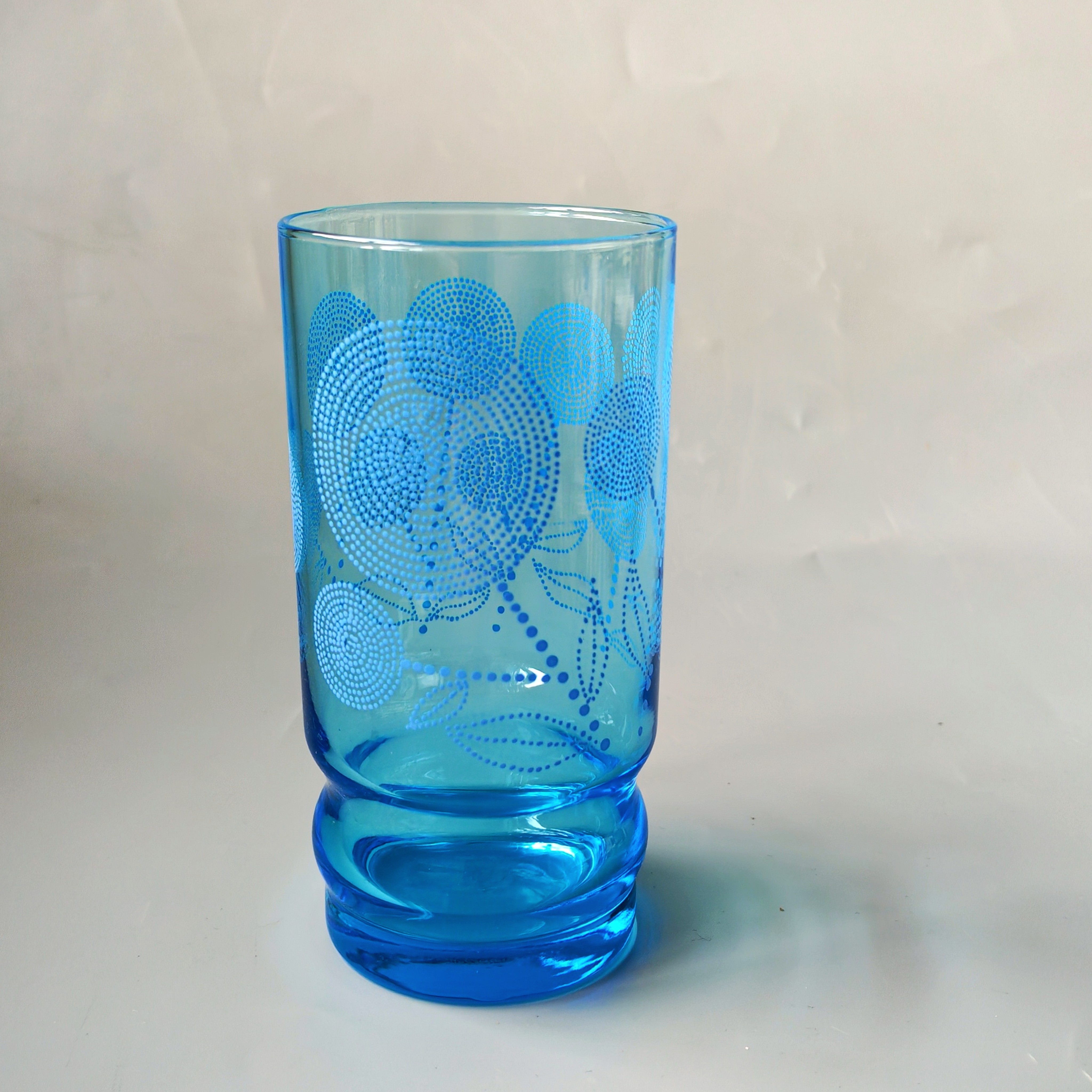 日本中古波点高足花玻璃杯复古蓝色水杯昭和啤酒杯果汁牛奶杯全新