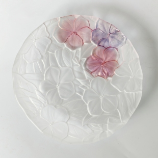 日本HOYA浮雕玻璃盘子琉璃磨砂雾面果盘昭和甜品盘寿司盘花朵餐盘