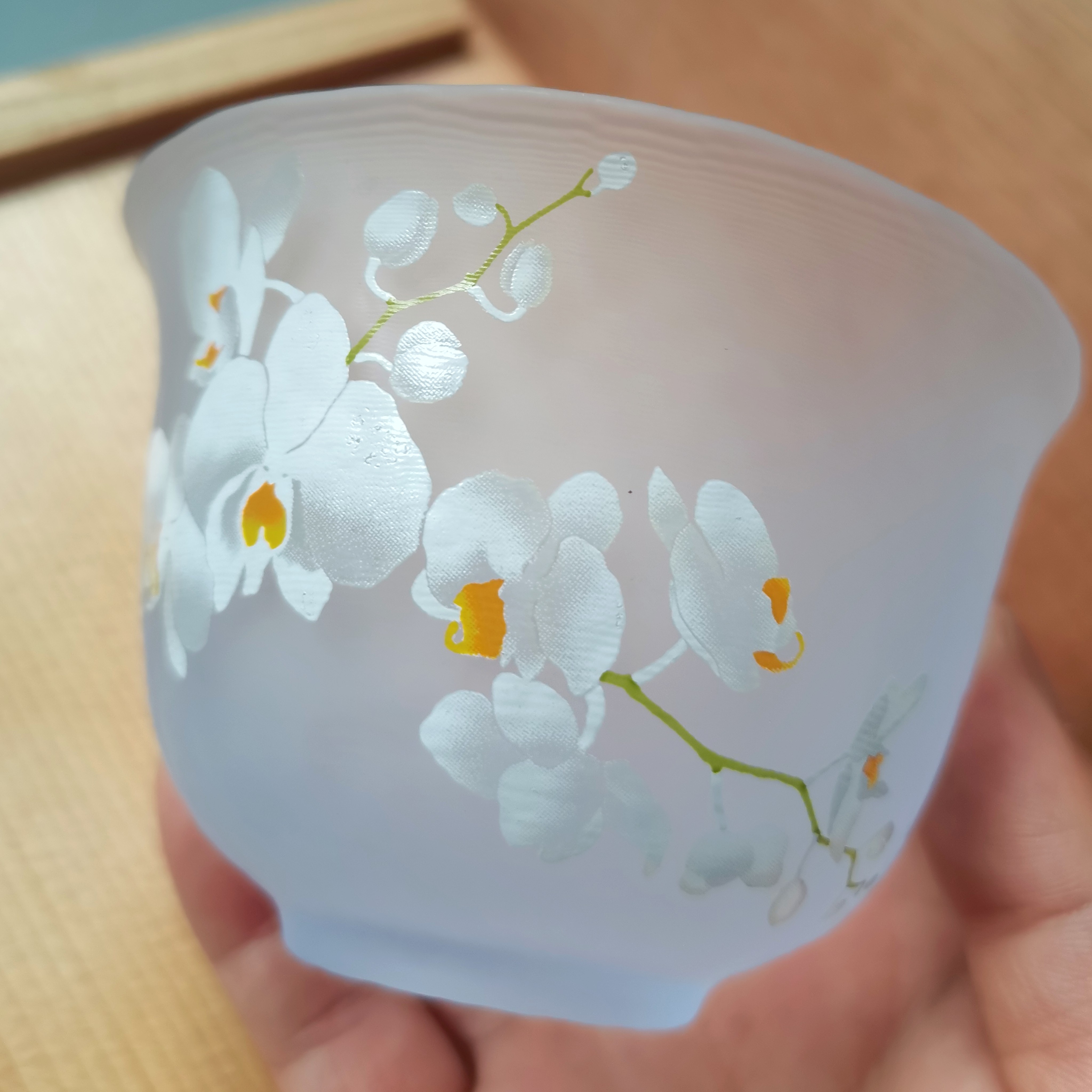 日本中古琉璃玻璃杯手绘兰花月夜野工房冷茶杯复古手作杯子昭和