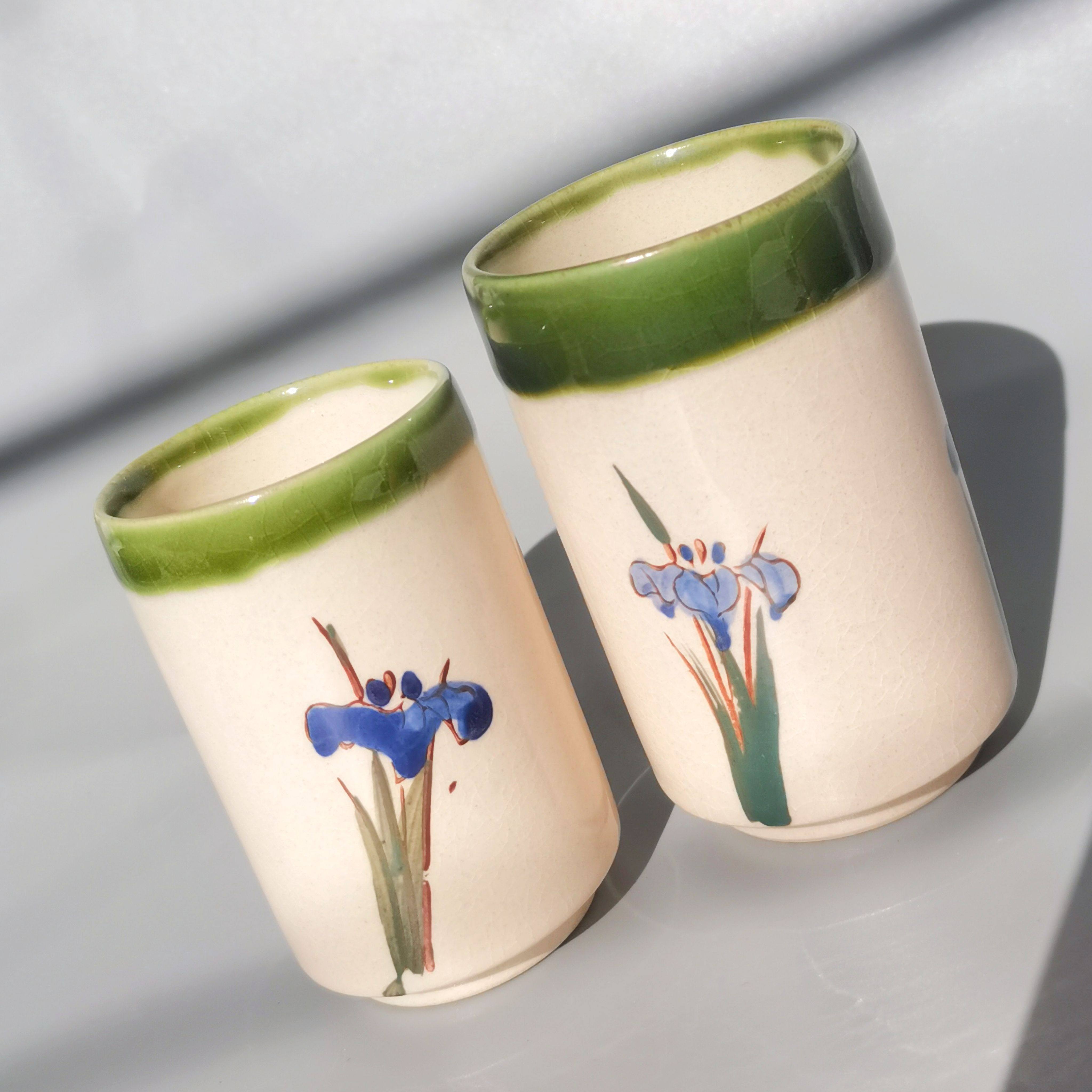 日本中古手绘兰花茶杯夫妻对杯复古小清新茶杯日式汤吞杯vintage