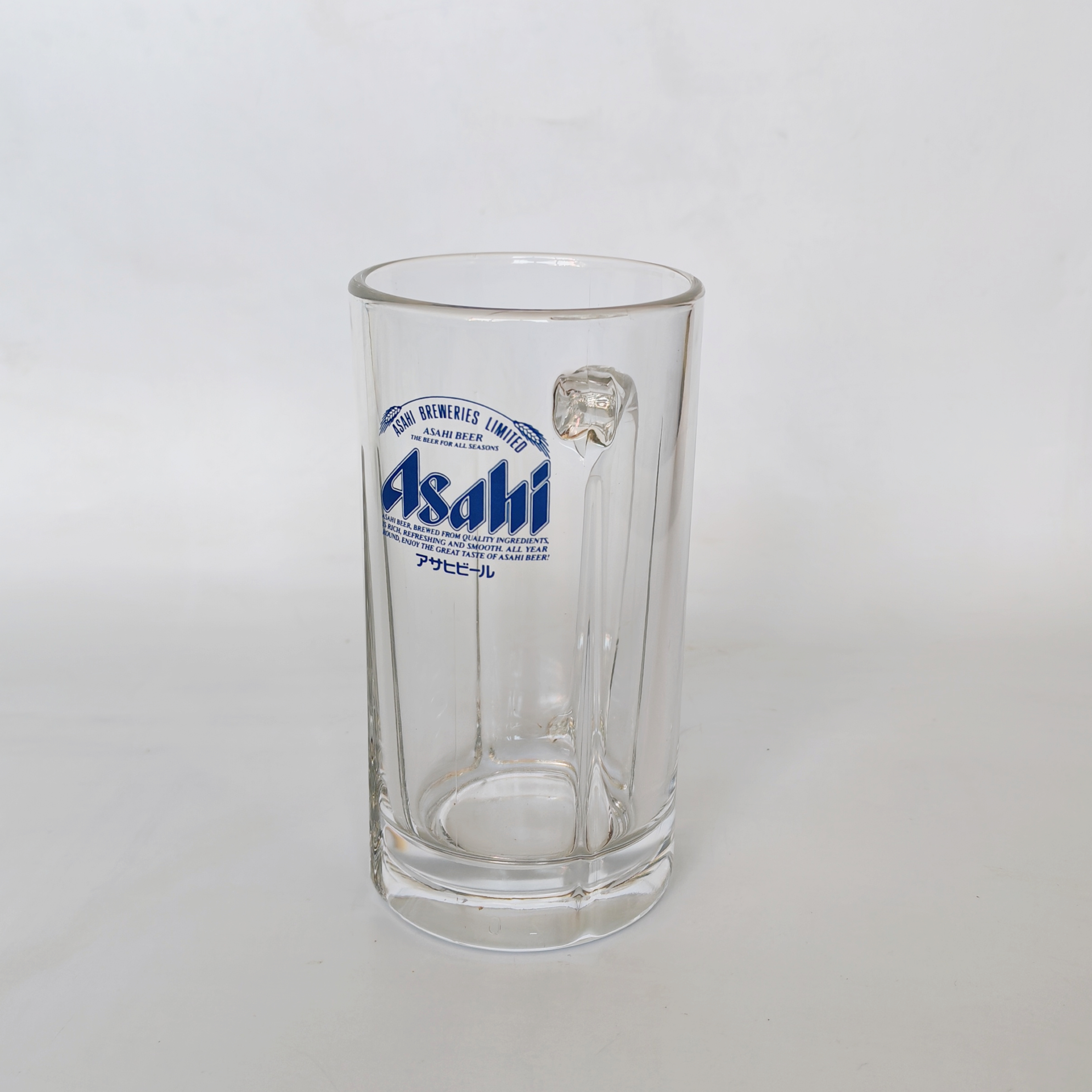 日本asahi扎啤杯朝日印花啤酒杯透明把手杯汽水杯全新复古杯子