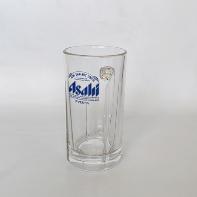 日本asahi扎啤杯朝日印花啤酒杯透明把手杯汽水杯全新复古杯子