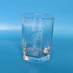 日本中古浮雕玻璃啤酒杯海豚浮雕威士忌杯果汁牛奶杯线条复古杯子