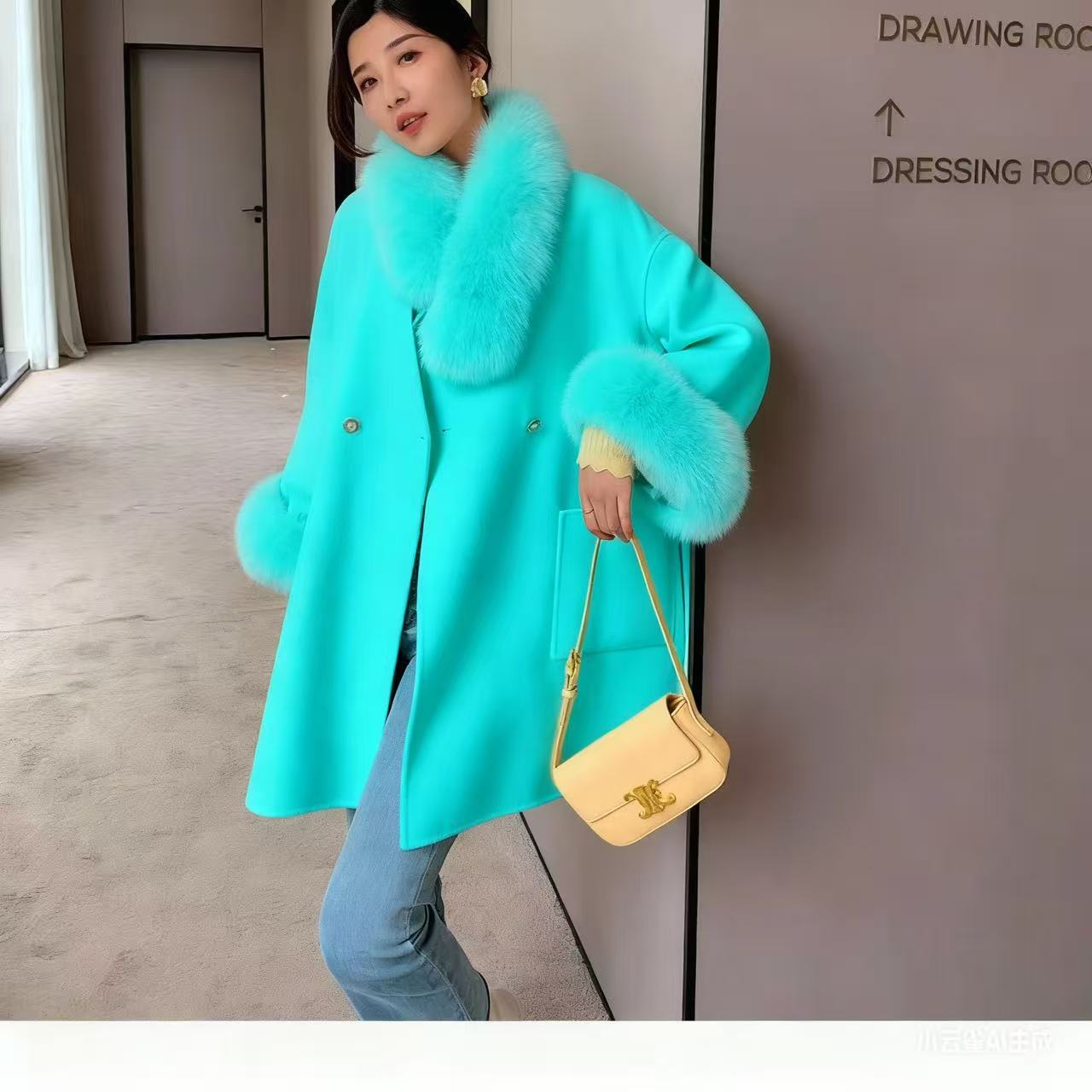 冬季新款毛毛领毛呢女中长款外套高端气质斗篷式大衣