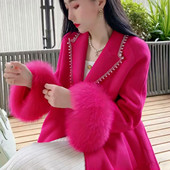 重工狐狸毛袖 欧洲站2024冬季 新款 领口镶钻珍珠毛呢大衣女外套