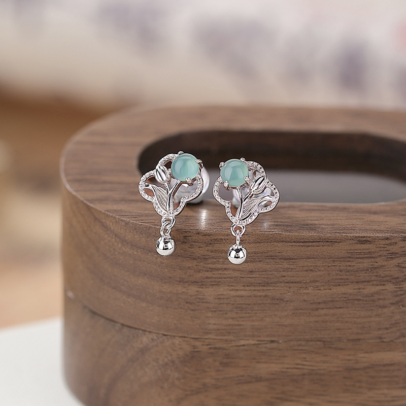 通体纯银翡翠小清新郁金香女耳钉