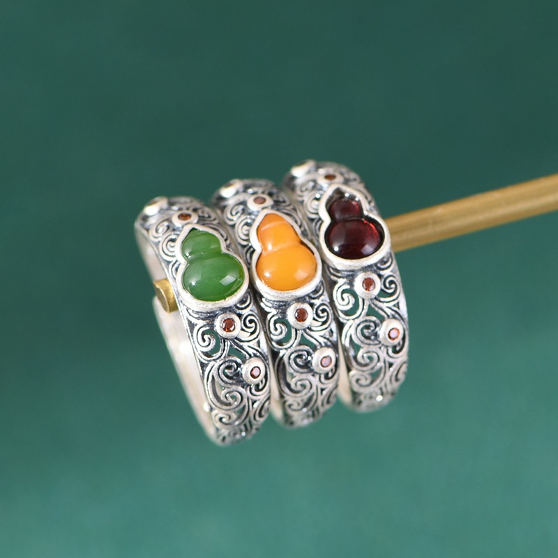 纯银S925福禄寿血珀戒指生日礼物