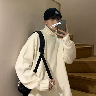 ins潮流韩版 高领毛衣男秋冬季 纯色加厚打底针织衫 宽松帅气毛线衣