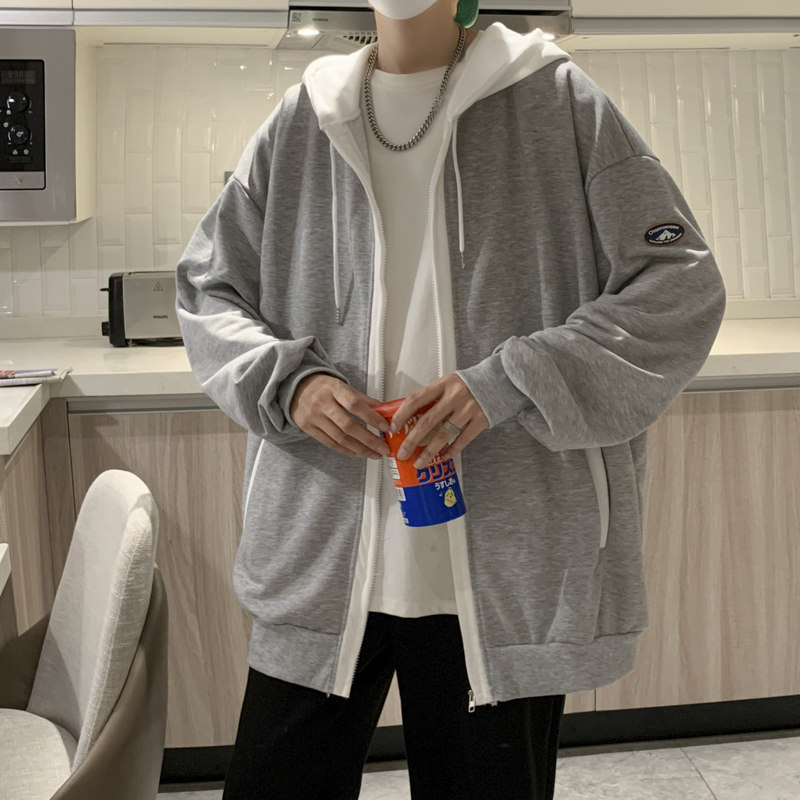 INS 가짜 투피스 카디건 스웨트 셔츠 남성용 홍콩 스타일 봄 가을 루즈 후드 탑 다용도 트렌디 브랜드 스포츠 자켓