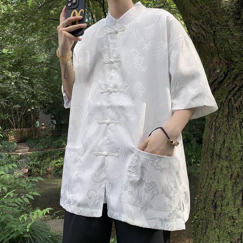 盘扣提花短袖衬衫男2023新款国风设计感衬衣夏季薄款潮流唐装外套