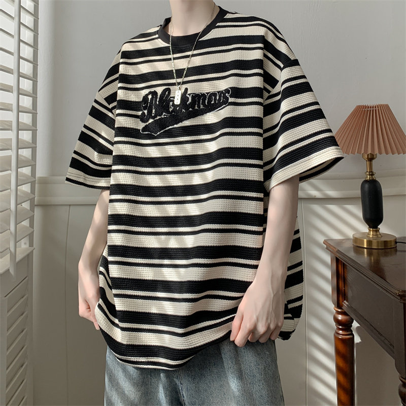 夏款毛巾绣条纹T恤男短袖夏季宽松五分袖潮牌美式休闲T恤0305d