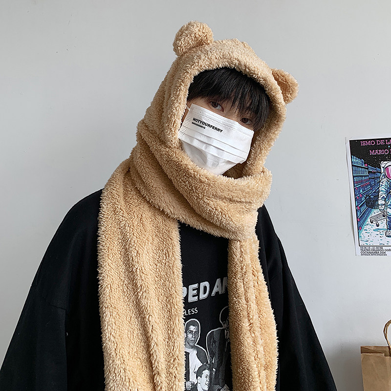 羊羔绒保暖连帽围巾男女学院风小熊帽子韩版ins潮流百搭加厚围脖