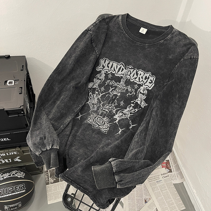 하이 스트리트 디스트레스드 프린트 스웨트 봄 가을 소년 아메리칸 레트로 캐주얼 탑 트렌디 브랜드 루즈한 잘생긴 긴팔 티셔츠