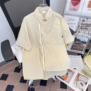 短袖 日系假两件工装 男款 潮流宽松复古衬衣外套 衬衫 设计感上衣夏季