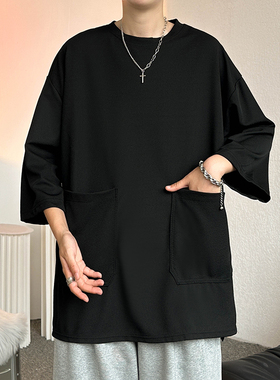 夏款大口袋短袖T恤男款夏季宽松美式痞帅上衣宽松潮牌七分袖0305d