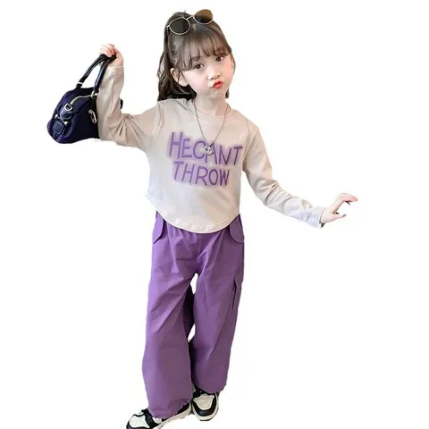 工装裤秋装T恤套装儿童春秋洋气长袖女童2024时髦两件套休闲新款