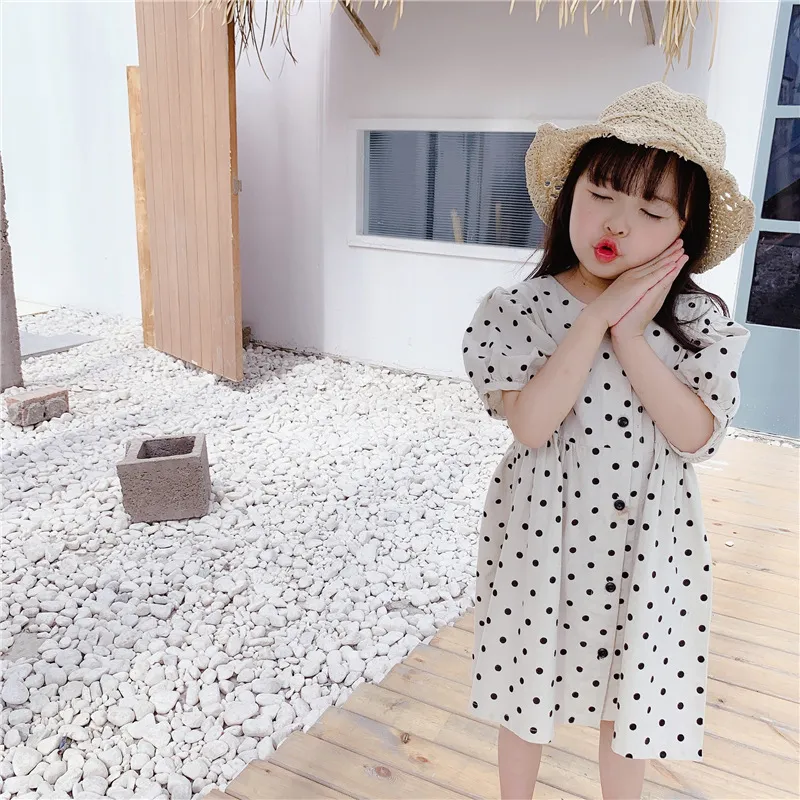 2026童装夏季新品 女童韩版夏装麻棉波点连衣裙长裙 20579