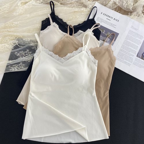 古妃3696蕾丝边加长磨毛细肩带吊带背心内穿外搭文胸一体美背内衣