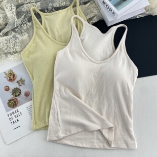 古妃秋冬磨毛保暖V领大U工字背美背背心女带胸垫内衣打底吊带上衣