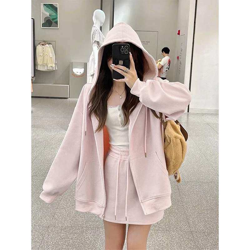 泽优品新款浅粉色上衣春秋平肩连帽女士拉链宽松外套开衫百搭卫衣