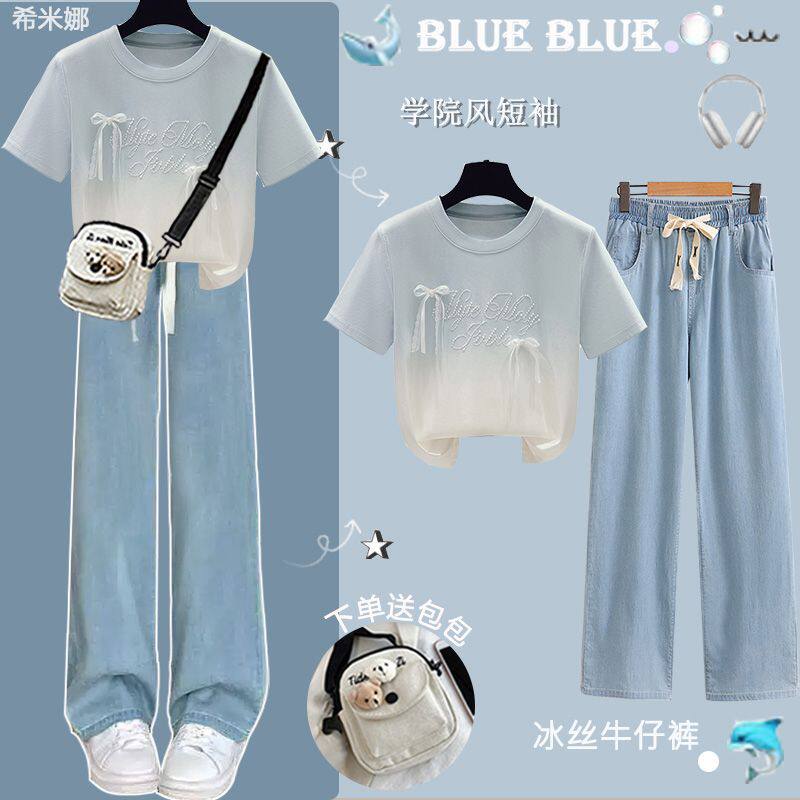 泽yp新款初中生夏装女套装2025少女时尚短袖牛仔裤中学生穿搭一整