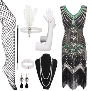 泽yp亚马逊热卖 欧美1920S复古亮片流苏裙盖茨比舞会晚礼服含配件