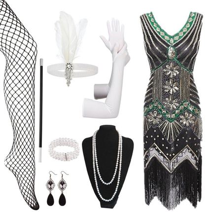 泽yp亚马逊热卖欧美1920S复古亮片流苏裙盖茨比舞会晚礼服含配件