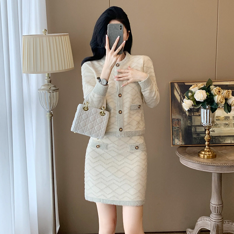 名媛气质时尚休闲套装女秋冬法式针织开衫针织两件套装裙子