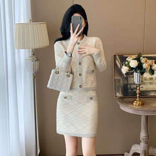 名媛气质时尚休闲套装女秋冬法式针织开衫针织两件套装裙子