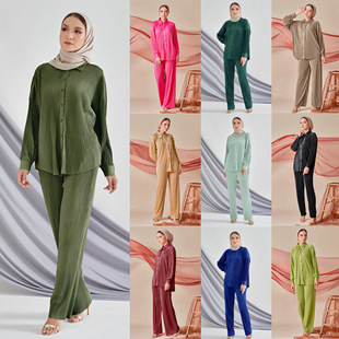 两件套装 M352现货10色东南亚马来爆款 百褶宽松休闲阔腿裤 时尚 女装