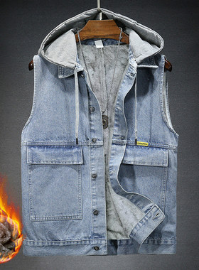 泽yp潮流男士保暖背心 宽松时尚加厚坎肩 可拆连帽加绒牛仔马甲男