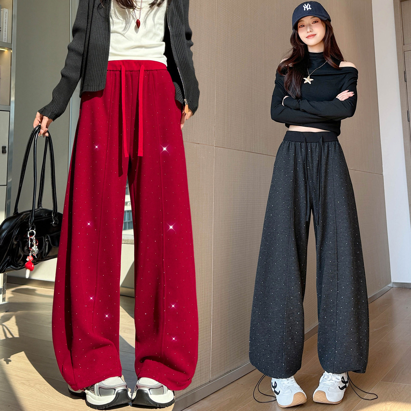 泽yp韩版亮钻阔腿裤女春季垂感中线直筒裤松弛宽松遮肉两穿休闲裤,女装/女士精品,休闲裤,淘宝优惠券,粉丝福利购,淘宝优惠卷