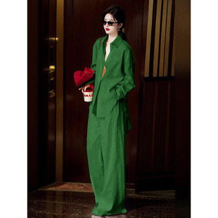 绿色仿亚麻套装女夏季洋气薄款衬衫阔腿裤松弛感套装