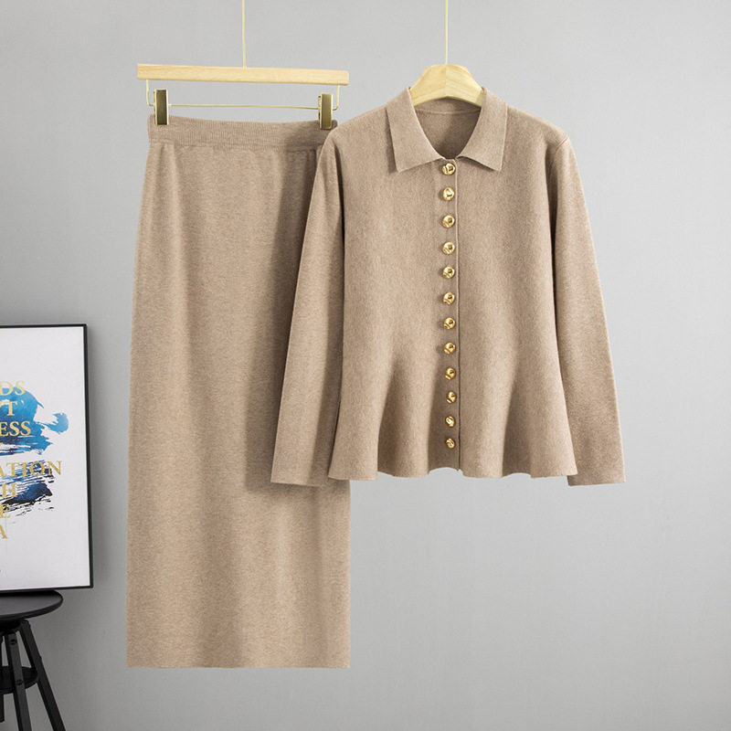 优雅气质套装女秋冬POLO领木耳边开衫毛衣包臀裙半身裙两件套,女装/女士精品,时尚套装,淘宝优惠券,粉丝福利购,淘宝优惠卷