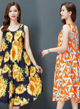 泽yp大码绵绸背心连衣裙夏装民族风复古印花无袖大摆长裙圆领中腰