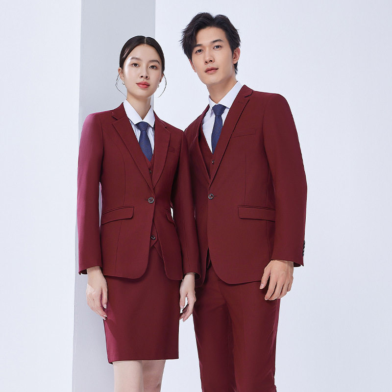 泽yp酒红色职业年会西装套装男女同款免烫易打理西服外套男工