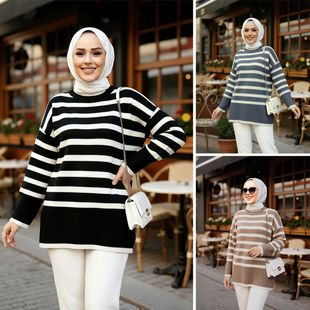 针织衫 M357 休闲宽松穆斯林女装 秋冬新款 中东高领条纹毛衣