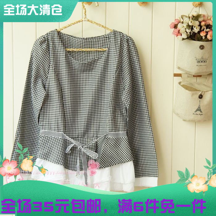 秋冬女装韩版小格子斯文学院风长袖圆领荷叶边下摆娃娃系带Tt恤衫