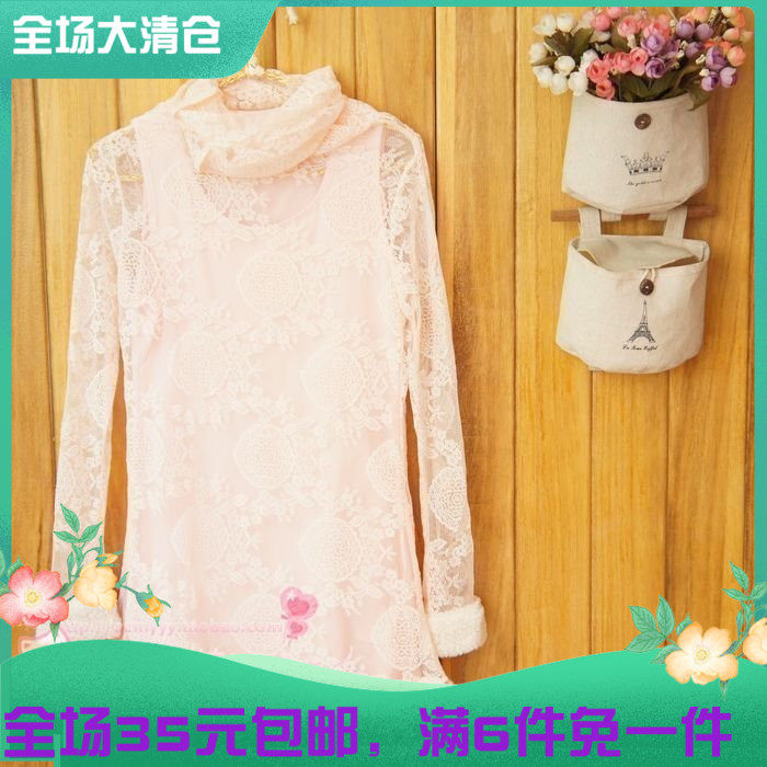 春秋日系甜美女装蕾丝中长款袖羊羔毛堆堆领衫内外两件套超值Tt恤