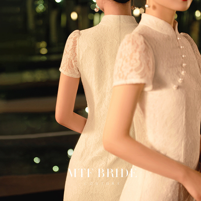 满庭芳白色旗袍2020年新款【花镶】日常礼服改良旗袍敬酒服轻婚纱