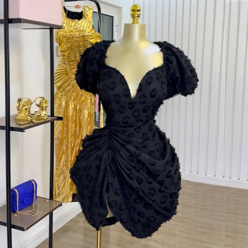 欧美跨境女装春夏新款性感领泡泡袖高腰显瘦抽褶短款连衣裙