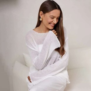 女透视镂空针织衫 针织恤春夏新款 大圆领喇叭袖 跨境欧美薄款