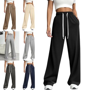 休闲抽绳健身裤 新款 高腰宽松运动裤 阔腿运动裤 带口袋 欧美跨境女式