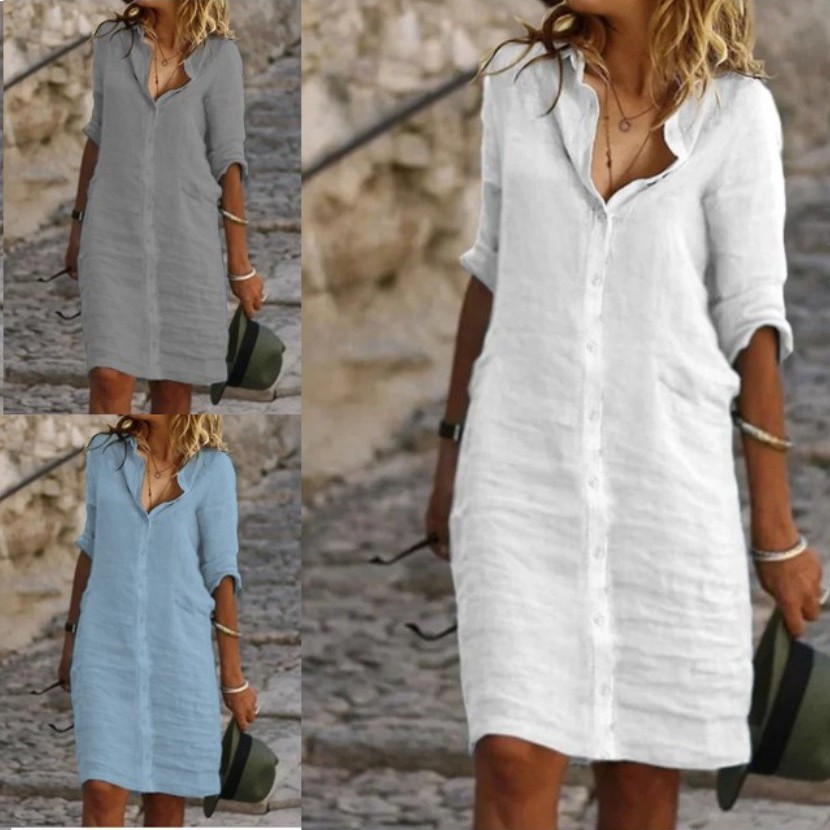 亚马逊独立站跨境新款宽松翻领纽扣中袖纯色棉麻衬衫连衣裙