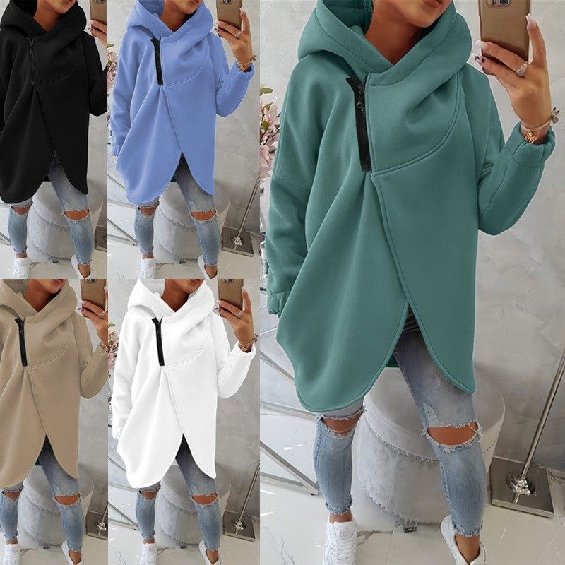 欧美跨境女士长袖休闲黑色连帽夹克卫衣，带前口袋拉链连帽衫