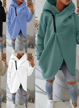 欧美跨境女士长袖休闲黑色连帽夹克卫衣，带前口袋拉链连帽衫