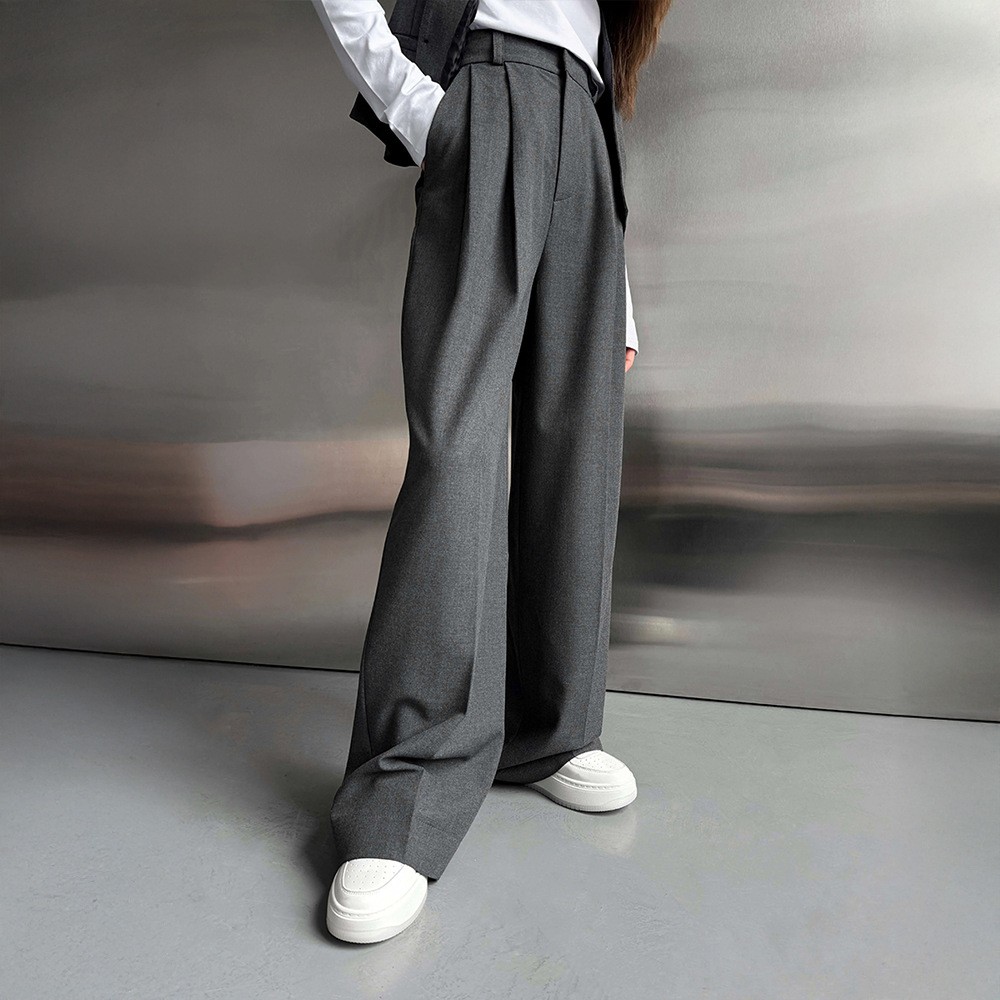跨境垂感阔腿长裤欧美春夏新款百搭宽松西装裤直筒西装长裤女